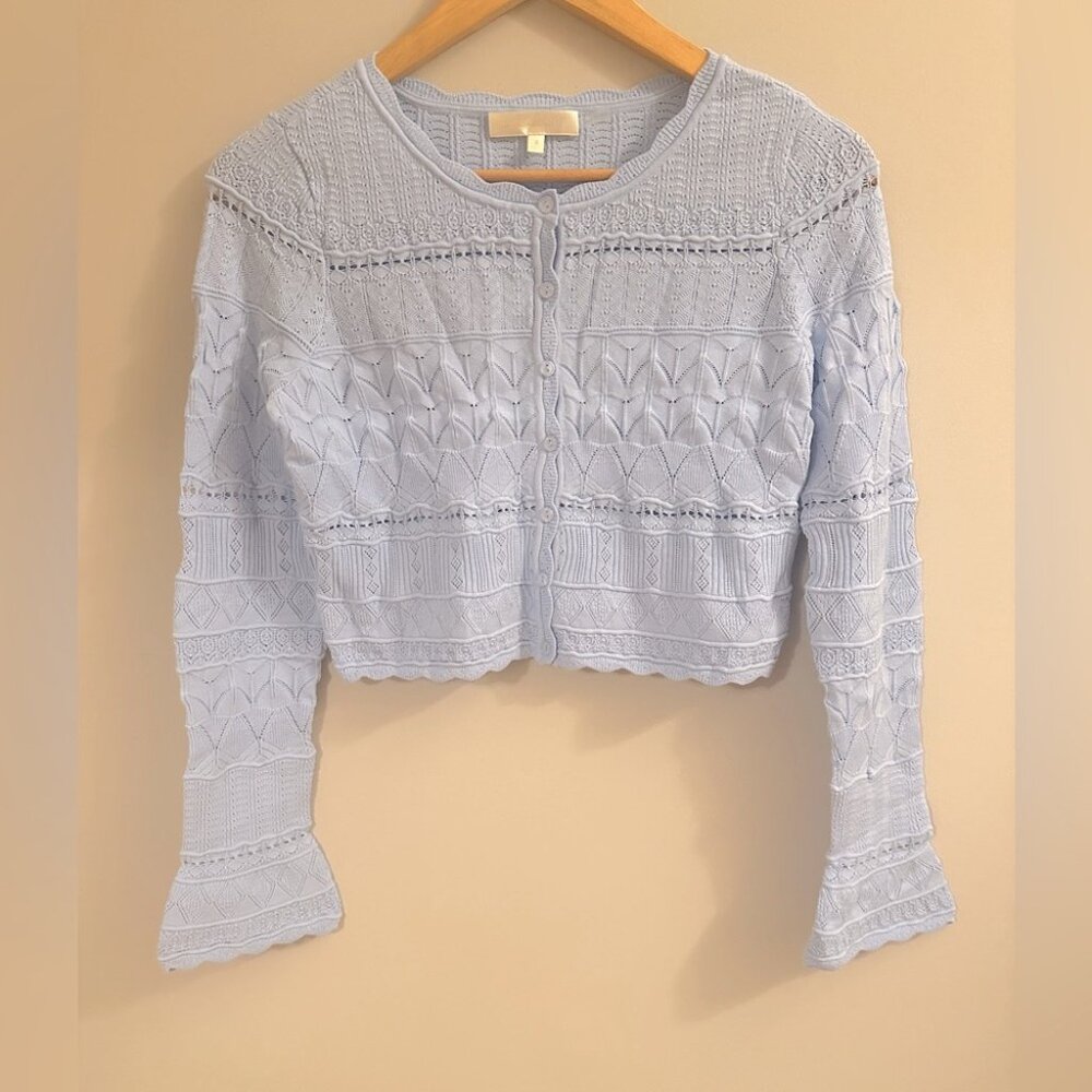 NEW LoveShackFancy Media Pointelle Scallop Cardigan in Morning Tide Blue | sz S - Picture 8 of 14